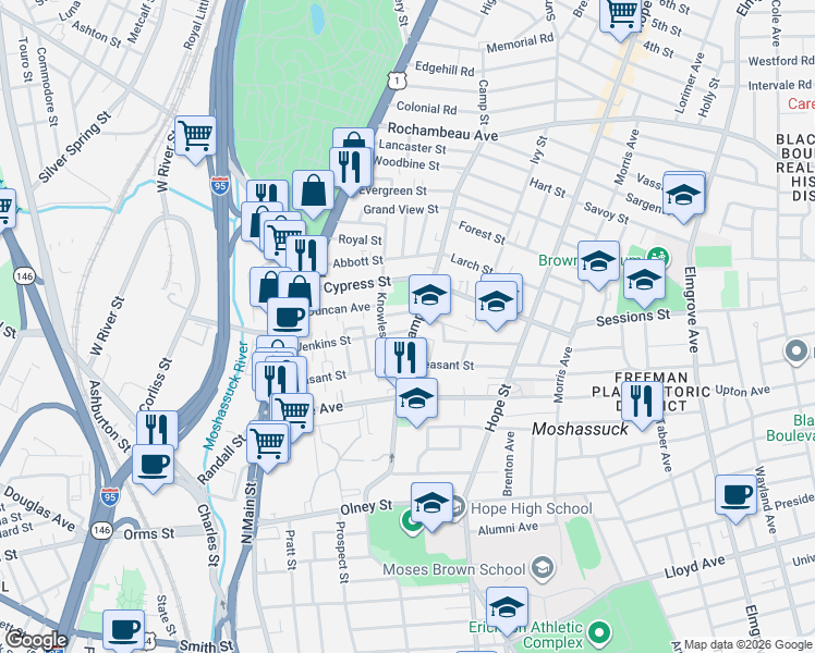 map of restaurants, bars, coffee shops, grocery stores, and more near 43 Knowles Street in Providence