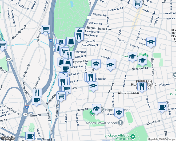 map of restaurants, bars, coffee shops, grocery stores, and more near 43 Knowles Street in Providence