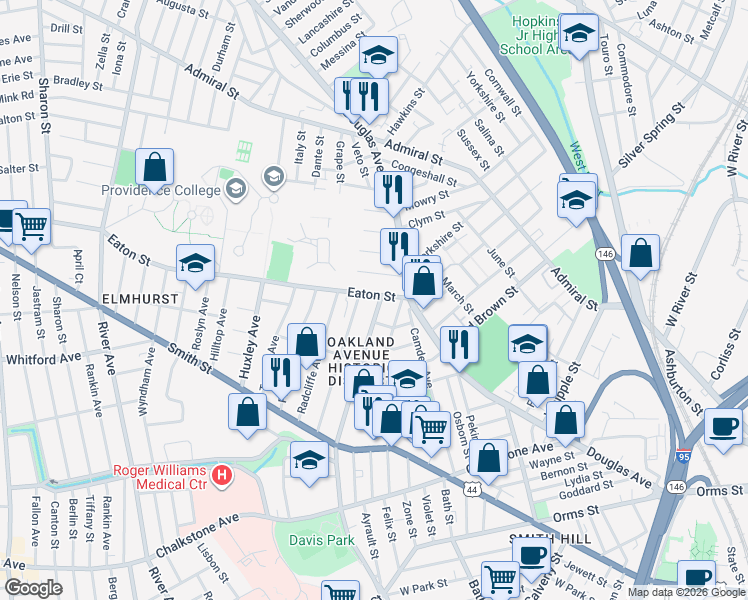 map of restaurants, bars, coffee shops, grocery stores, and more near 29 Eaton Street in Providence