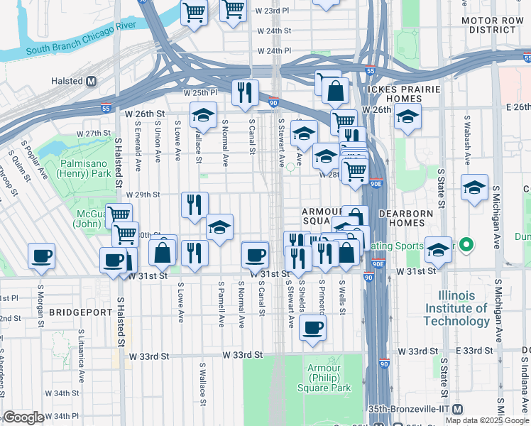 map of restaurants, bars, coffee shops, grocery stores, and more near 2925 South Canal Street in Chicago