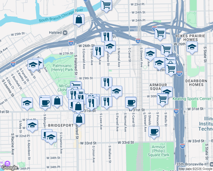 map of restaurants, bars, coffee shops, grocery stores, and more near 2926 South Wallace Street in Chicago