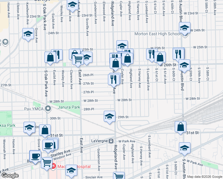 map of restaurants, bars, coffee shops, grocery stores, and more near 2711 Ridgeland Avenue in Berwyn