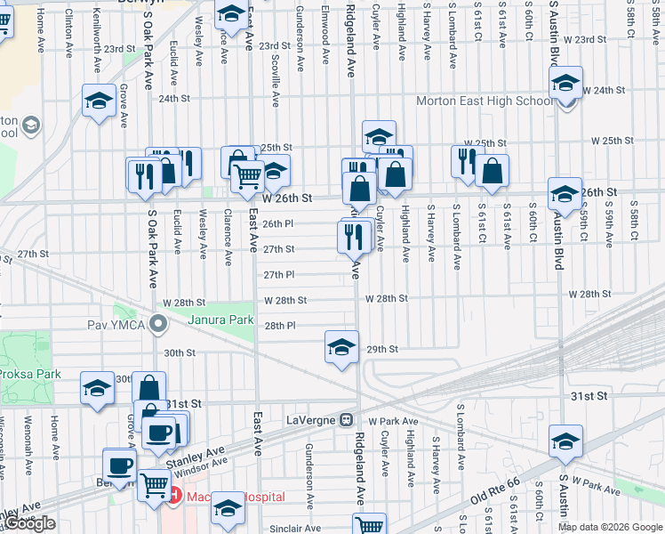 map of restaurants, bars, coffee shops, grocery stores, and more near 6425 27th Place in Berwyn