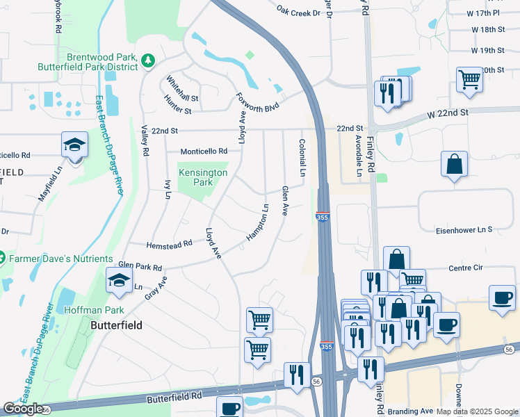 map of restaurants, bars, coffee shops, grocery stores, and more near 21W000 Mayfair Road in Lombard