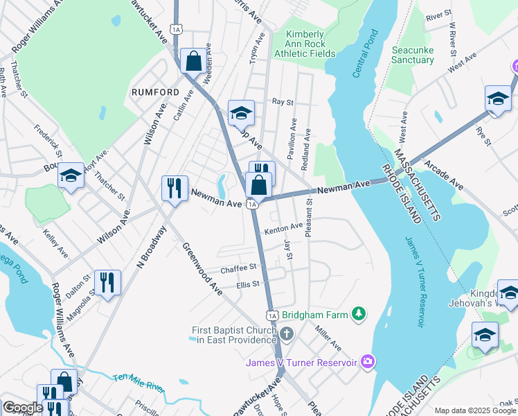 map of restaurants, bars, coffee shops, grocery stores, and more near 1240 Pawtucket Avenue in East Providence