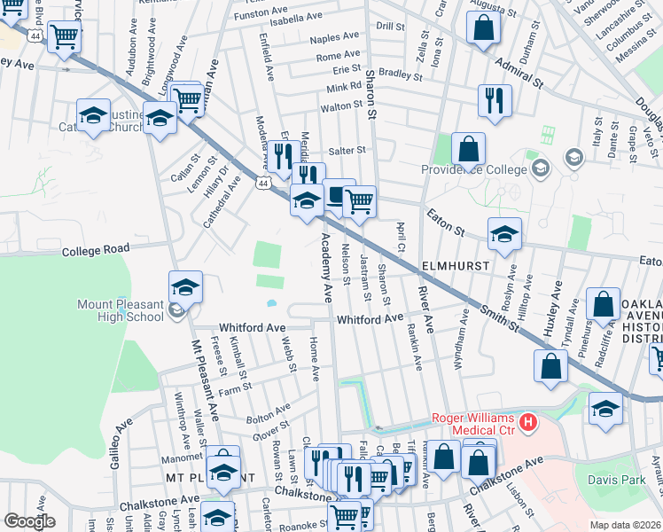 map of restaurants, bars, coffee shops, grocery stores, and more near 587 Academy Avenue in Providence