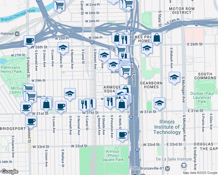 map of restaurants, bars, coffee shops, grocery stores, and more near 307 West 29th Street in Chicago