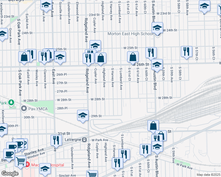 map of restaurants, bars, coffee shops, grocery stores, and more near 2718 South Harvey Avenue in Berwyn