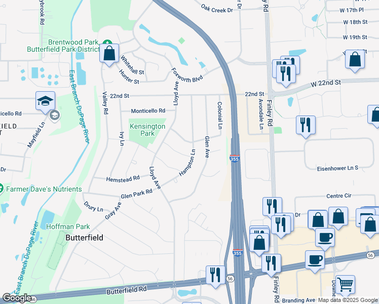 map of restaurants, bars, coffee shops, grocery stores, and more near 21W000 Mayfair Road in Lombard