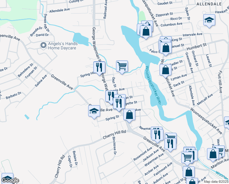 map of restaurants, bars, coffee shops, grocery stores, and more near 7 Irons Avenue in Johnston