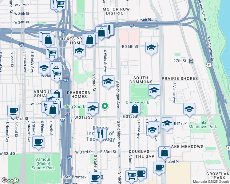 map of restaurants, bars, coffee shops, grocery stores, and more near 2934 South Michigan Avenue in Chicago
