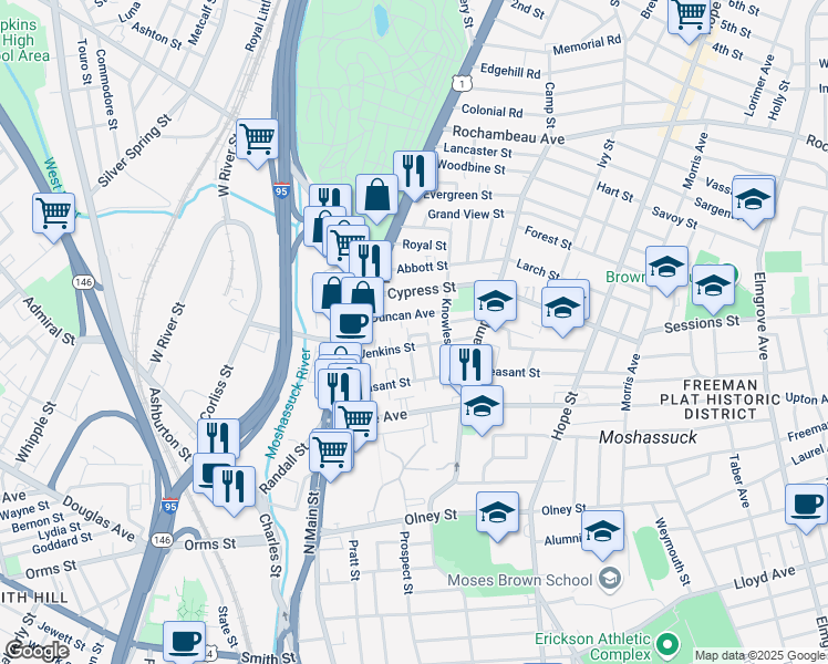 map of restaurants, bars, coffee shops, grocery stores, and more near 45 Padelford Street in Providence