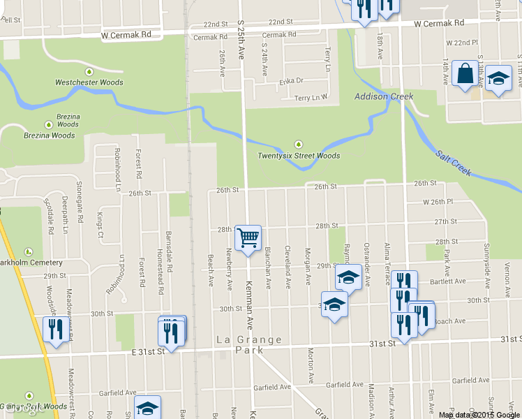 map of restaurants, bars, coffee shops, grocery stores, and more near 1522 Blanchan Avenue in La Grange Park