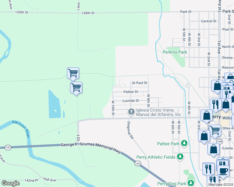 map of restaurants, bars, coffee shops, grocery stores, and more near 205 Pattee Street in Perry