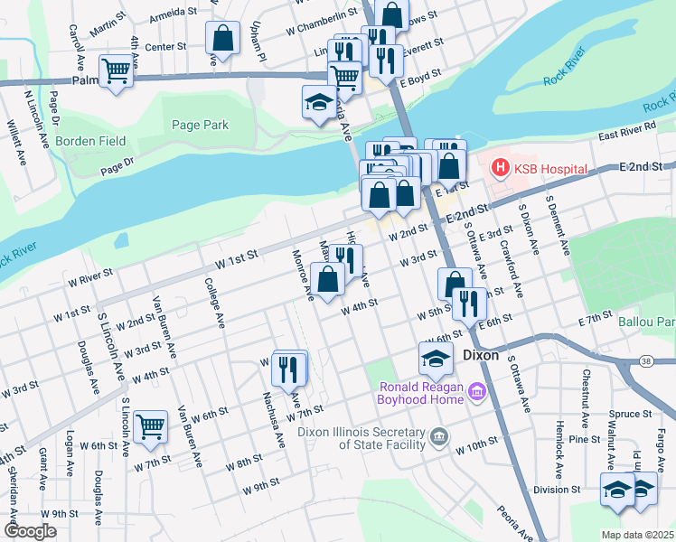 map of restaurants, bars, coffee shops, grocery stores, and more near 214 Madison Avenue in Dixon