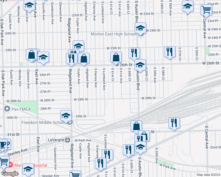 map of restaurants, bars, coffee shops, grocery stores, and more near 2714 South 61st Court in Cicero