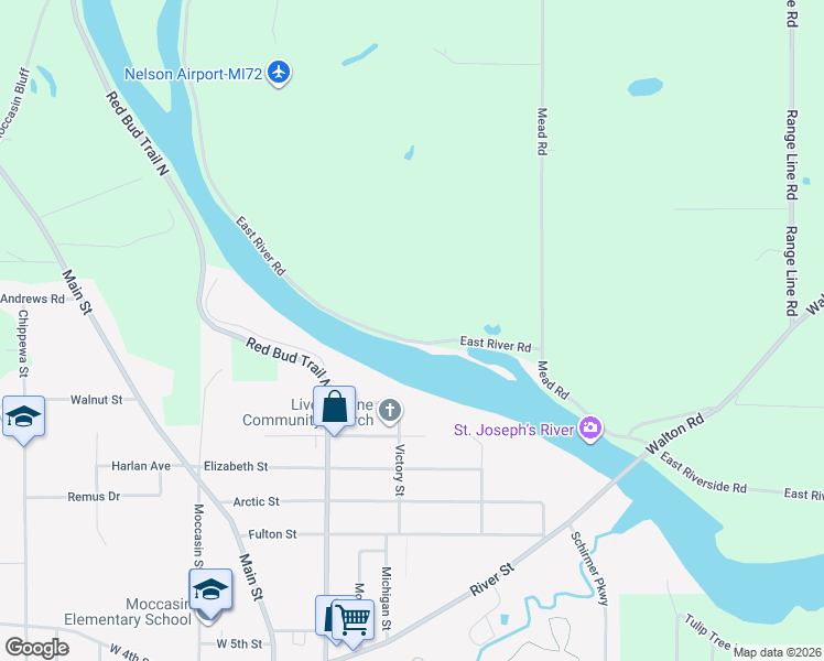 map of restaurants, bars, coffee shops, grocery stores, and more near 15489 East River Road in Buchanan