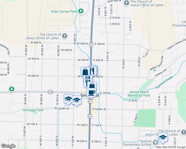 map of restaurants, bars, coffee shops, grocery stores, and more near 202 North Main Street in Smithfield