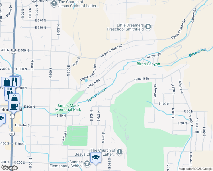 map of restaurants, bars, coffee shops, grocery stores, and more near 502 Summit Creek Drive in Smithfield