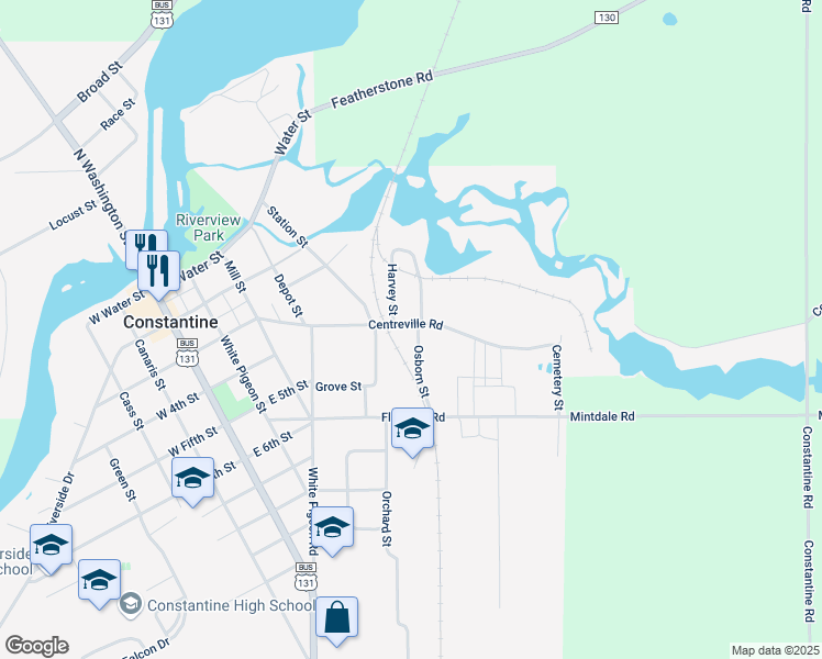map of restaurants, bars, coffee shops, grocery stores, and more near 580 Centreville Road in Constantine