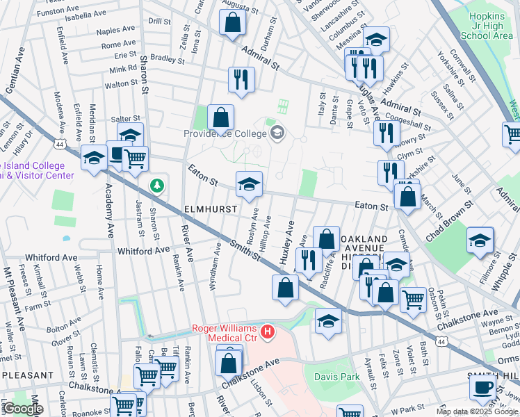 map of restaurants, bars, coffee shops, grocery stores, and more near 67 Roslyn Avenue in Providence