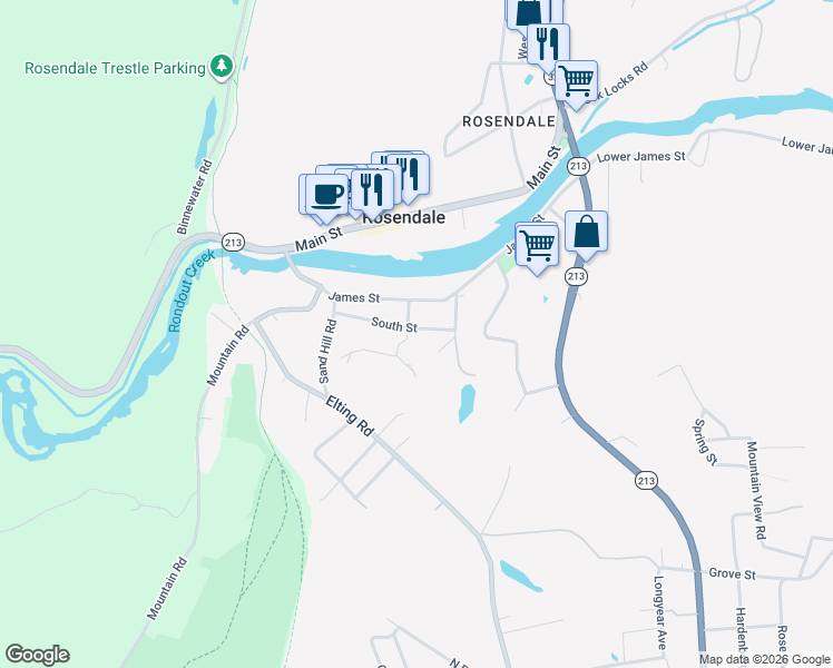 map of restaurants, bars, coffee shops, grocery stores, and more near 115 South Street in Rosendale
