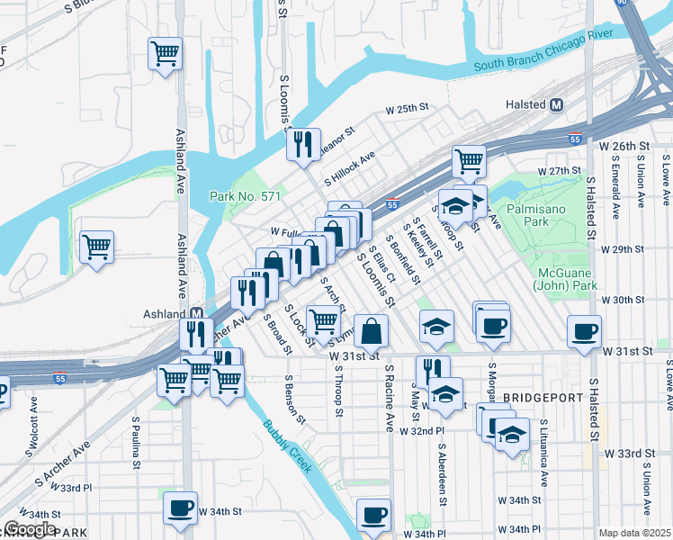 map of restaurants, bars, coffee shops, grocery stores, and more near 2910 South Haynes Court in Chicago