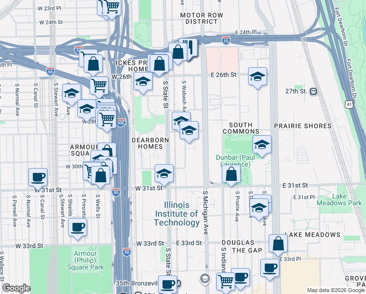 map of restaurants, bars, coffee shops, grocery stores, and more near 2940 South Wabash Avenue in Chicago