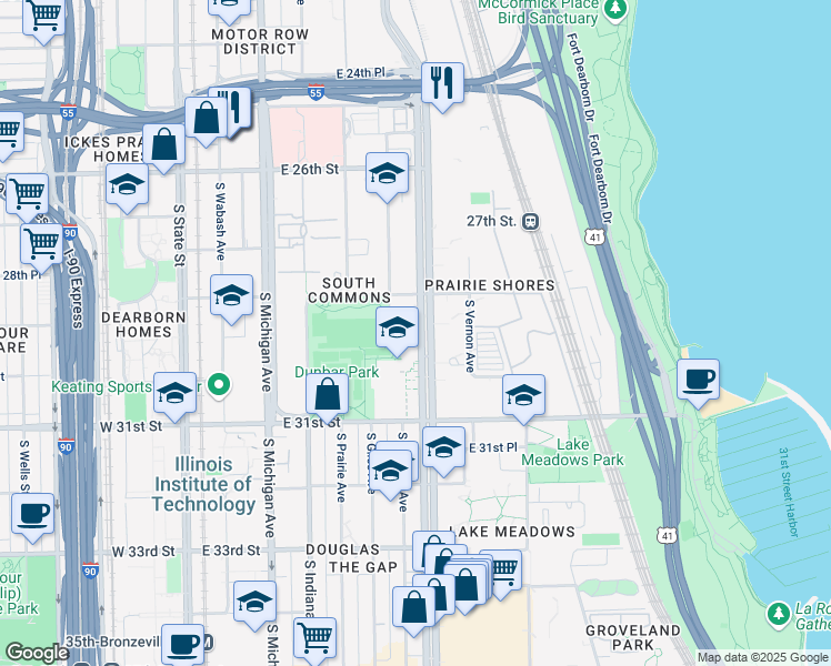map of restaurants, bars, coffee shops, grocery stores, and more near 2920 South King Drive in Chicago