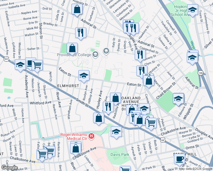 map of restaurants, bars, coffee shops, grocery stores, and more near 15 Pasteur Street in Providence