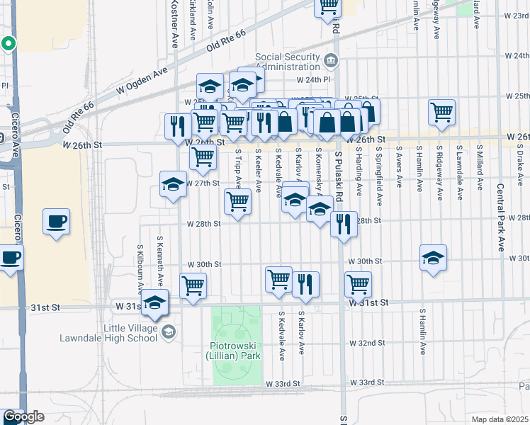 map of restaurants, bars, coffee shops, grocery stores, and more near 2745 South Keeler Avenue in Chicago