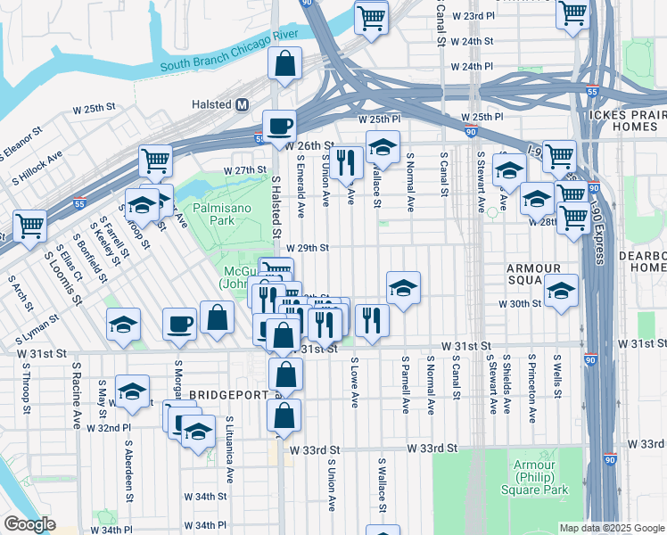 map of restaurants, bars, coffee shops, grocery stores, and more near 2923 South Union Avenue in Chicago