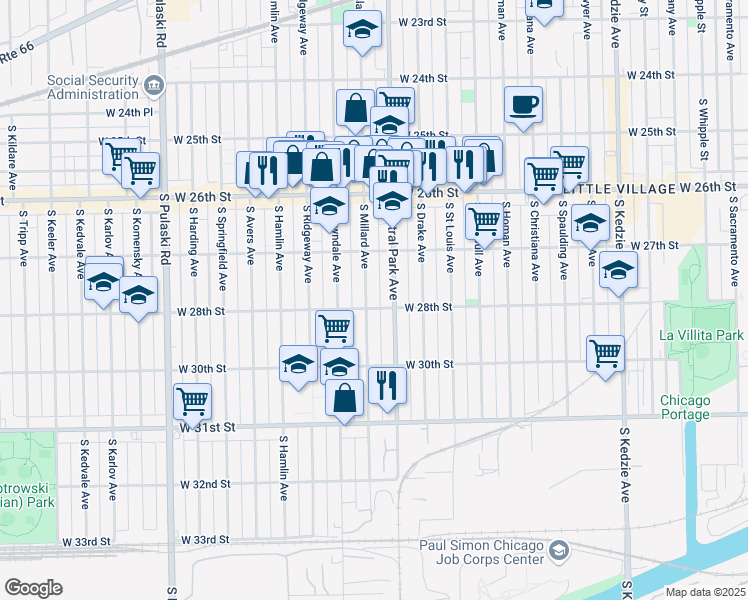 map of restaurants, bars, coffee shops, grocery stores, and more near 2755 South Millard Avenue in Chicago