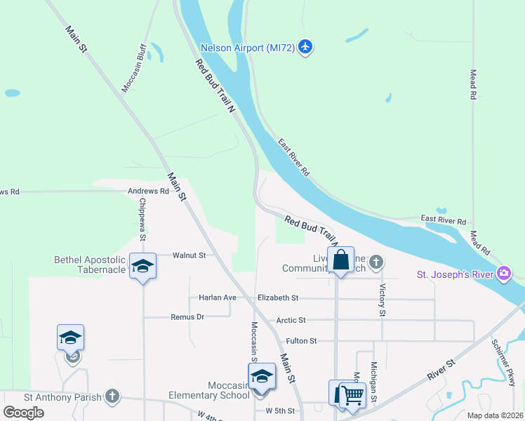 map of restaurants, bars, coffee shops, grocery stores, and more near 1202 Red Bud Trail in Buchanan