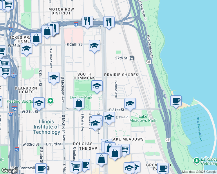 map of restaurants, bars, coffee shops, grocery stores, and more near 2937 South King Drive in Chicago