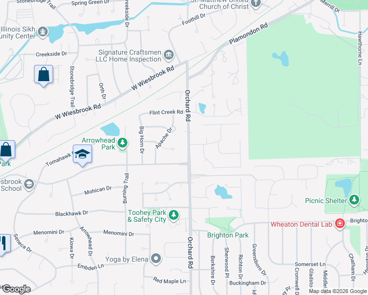 map of restaurants, bars, coffee shops, grocery stores, and more near 2S144 Orchard Road in Wheaton