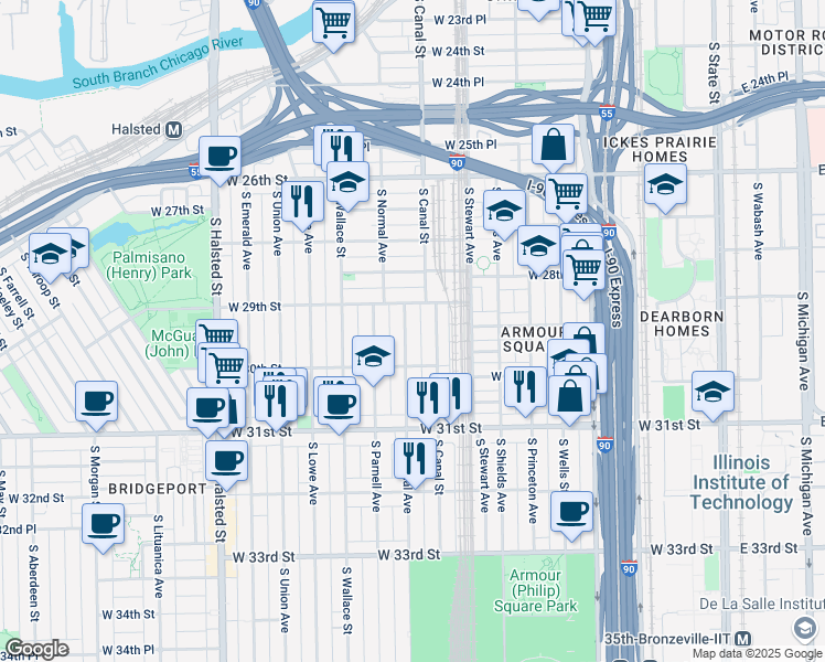 map of restaurants, bars, coffee shops, grocery stores, and more near 2925 South Normal Avenue in Chicago