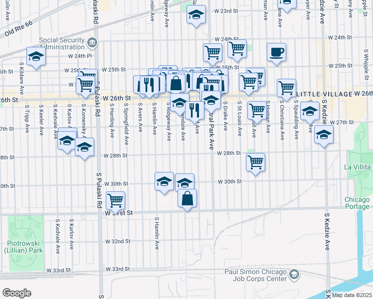 map of restaurants, bars, coffee shops, grocery stores, and more near 2753 South Lawndale Avenue in Chicago