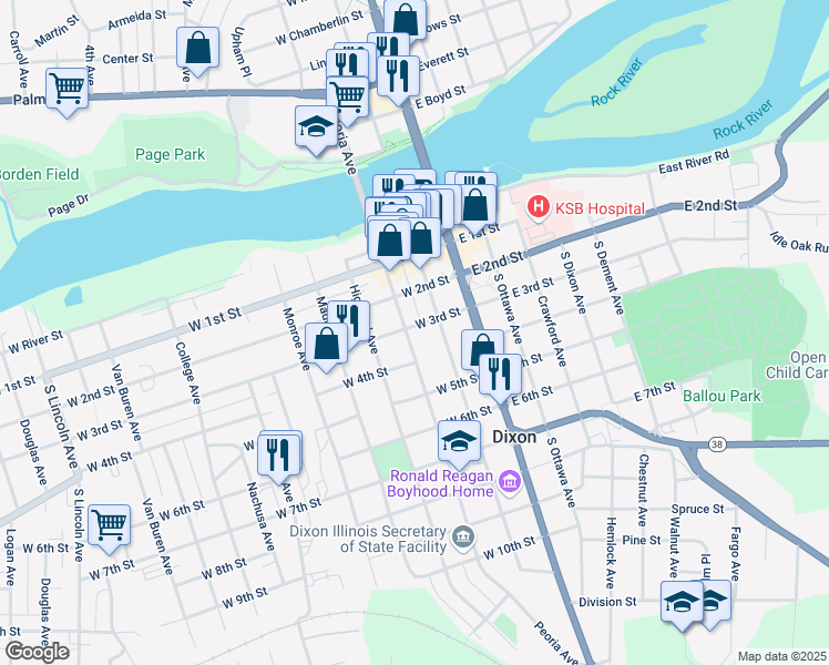 map of restaurants, bars, coffee shops, grocery stores, and more near 304 South Peoria Avenue in Dixon