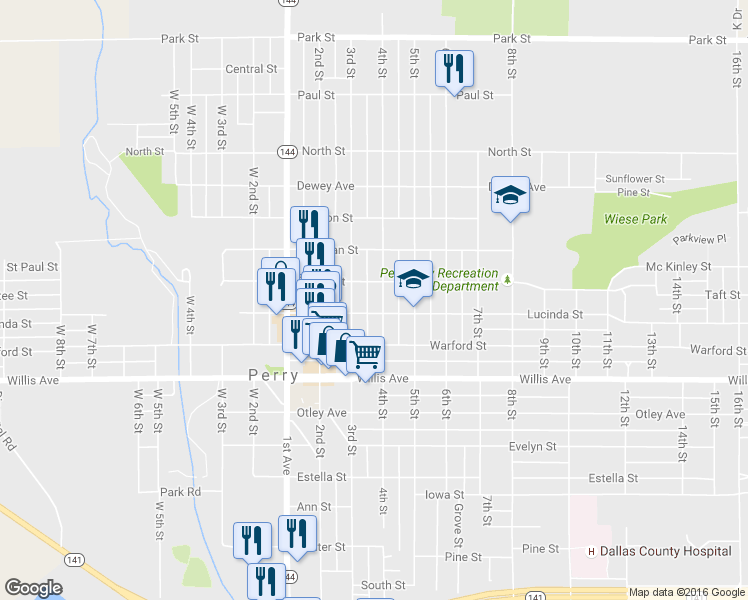 map of restaurants, bars, coffee shops, grocery stores, and more near 1309 4th Street in Perry