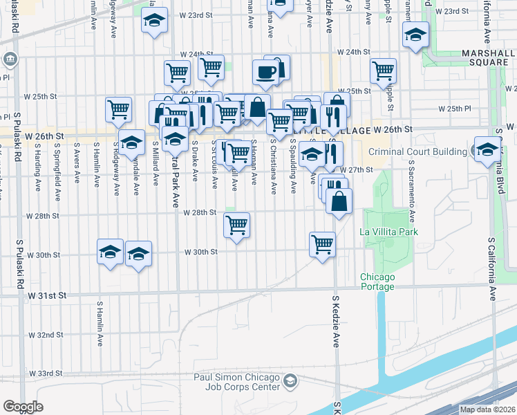map of restaurants, bars, coffee shops, grocery stores, and more near 2757 South Homan Avenue in Chicago