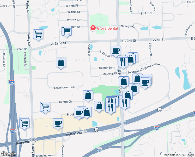 map of restaurants, bars, coffee shops, grocery stores, and more near 25 Majestic Drive in Lombard
