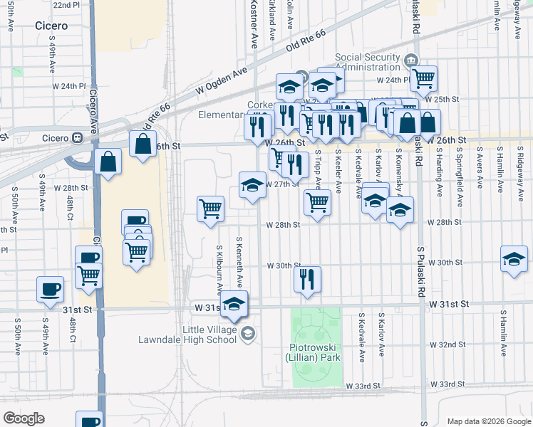 map of restaurants, bars, coffee shops, grocery stores, and more near 2741 South Kostner Avenue in Chicago