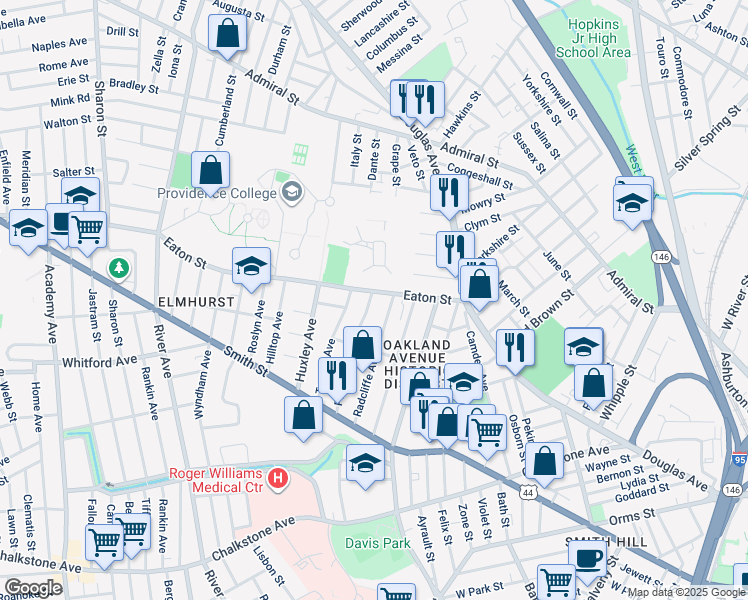 map of restaurants, bars, coffee shops, grocery stores, and more near 108 Eaton Street in Providence