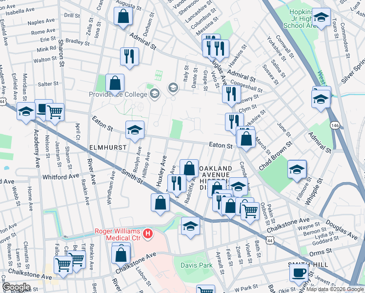 map of restaurants, bars, coffee shops, grocery stores, and more near 15 Pasteur Street in Providence
