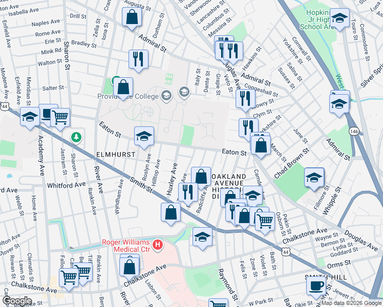 map of restaurants, bars, coffee shops, grocery stores, and more near 15 Pasteur Street in Providence