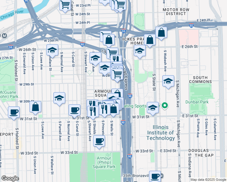 map of restaurants, bars, coffee shops, grocery stores, and more near 2900 South Wells Street in Chicago