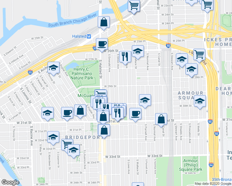 map of restaurants, bars, coffee shops, grocery stores, and more near 2921 South Emerald Avenue in Chicago