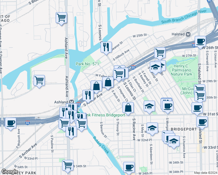 map of restaurants, bars, coffee shops, grocery stores, and more near 2855 South Grady Court in Chicago