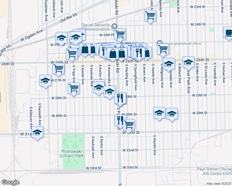map of restaurants, bars, coffee shops, grocery stores, and more near 2744 South Pulaski Road in Chicago
